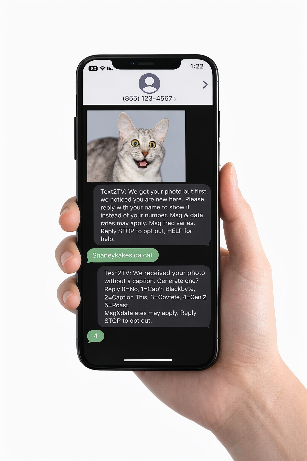 Phone showing text2tv Party SMS conversation